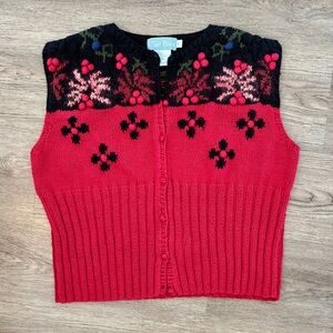 Vintage Ciel Bleu Cottagecore Hand Knit Grandma Sweater Vest with Berry Accents